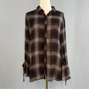 Doe & Rae Plaid Blouse With Ruffled Flowing Bottom Sleeves